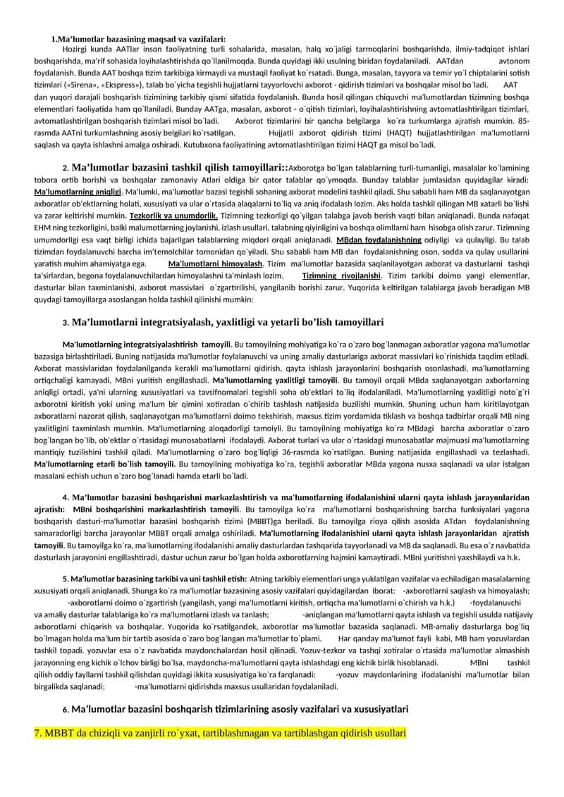 Ma’lumotlar bazasining maqsad va vazifalari