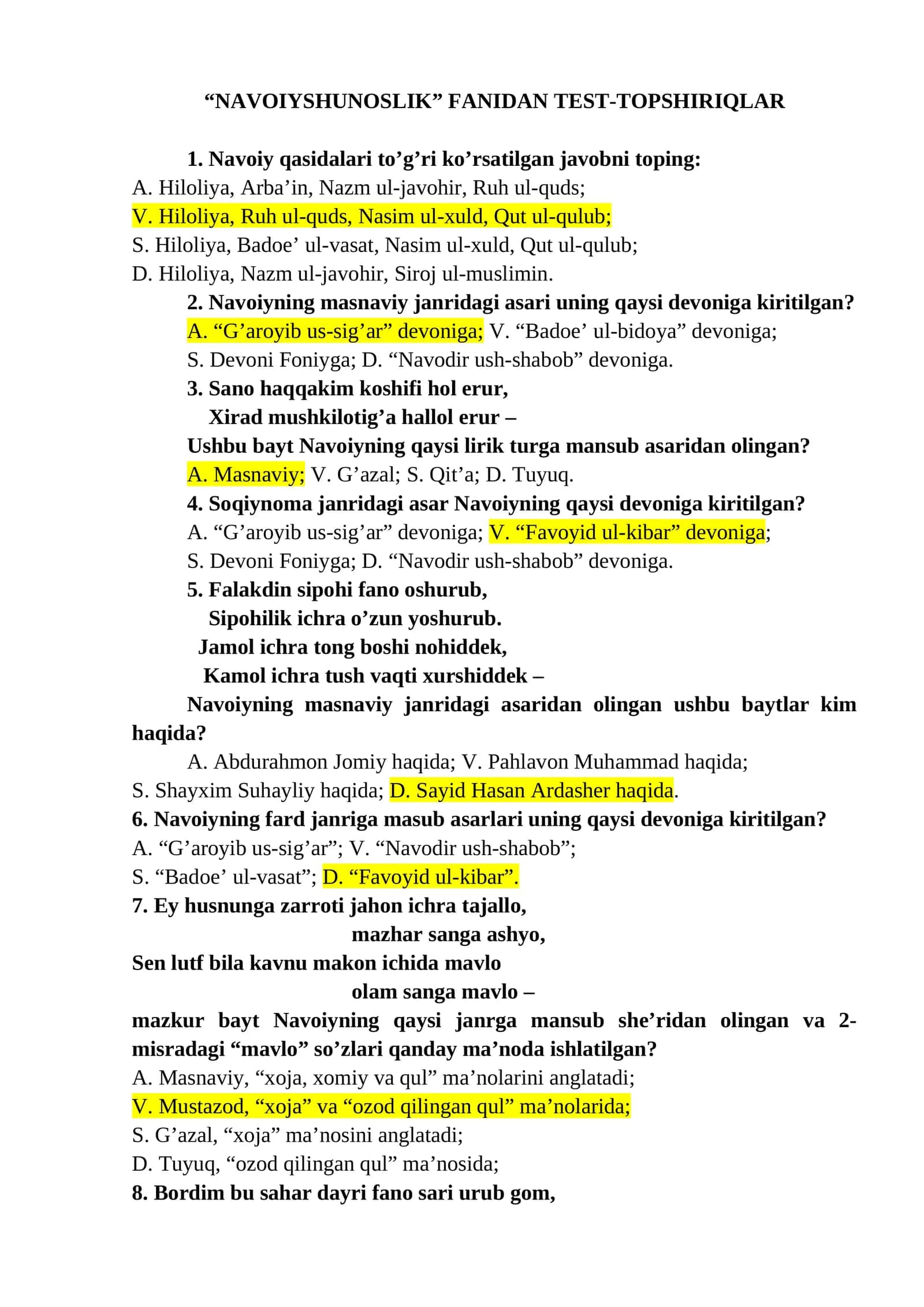 “NAVOIYSHUNOSLIK” FANIDAN TEST-TOPSHIRIQLAR