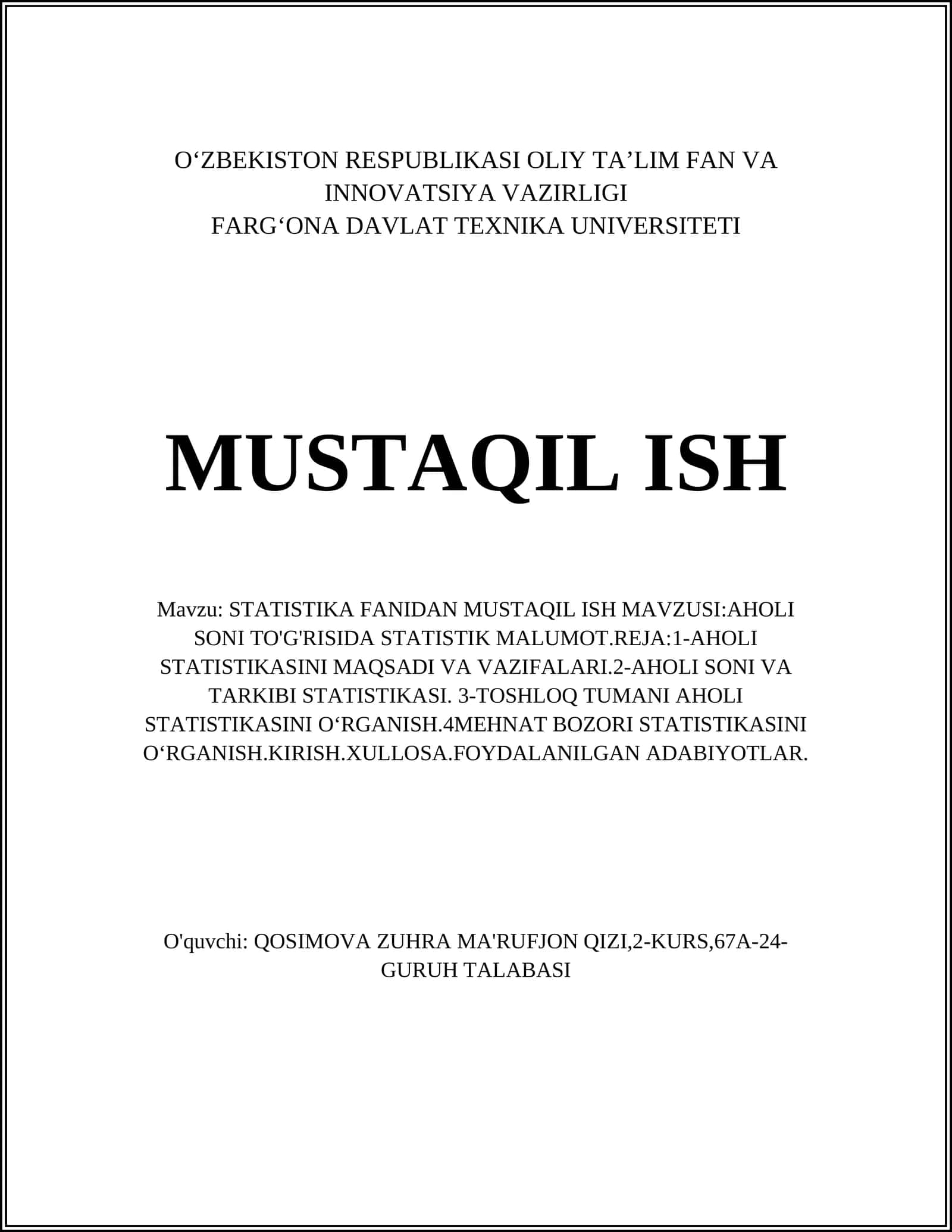 STATISTIKA FANIDAN MUSTAQIL ISH MAVZUSI:AHOLI SONI TO'G'RISIDA STATISTIK MALUMOT