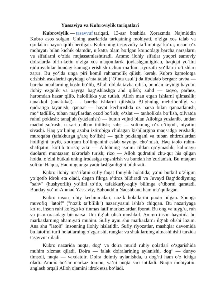 Yassaviya va Kubroviylik tariqatlari