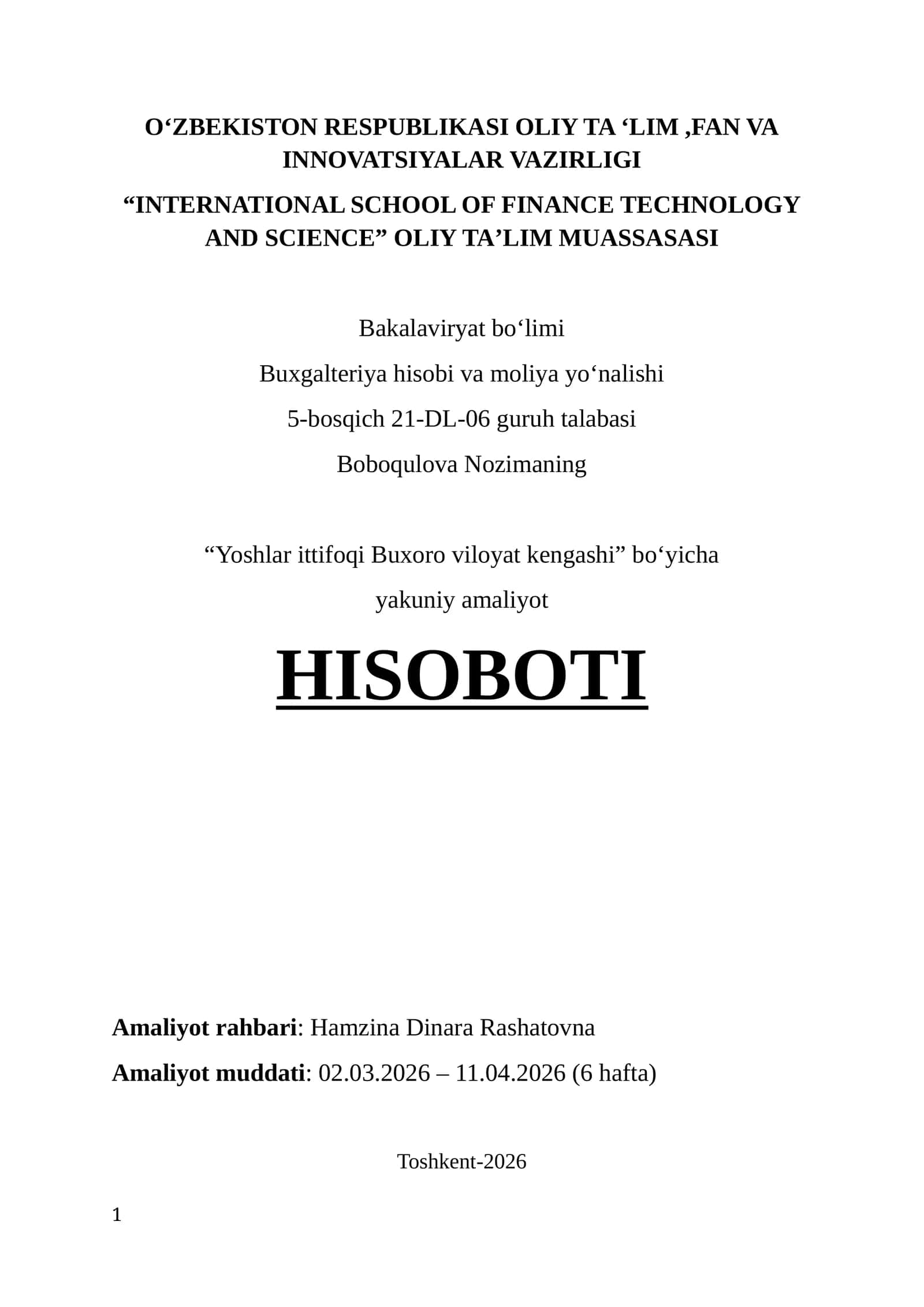 Yoshlar ittifoqi Buxoro viloyat kengashi. Amaliyot hisoboti.