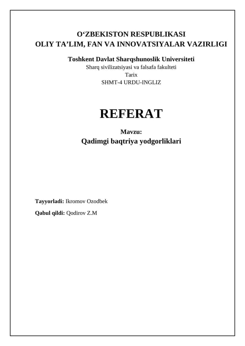 Qadimgi Baqtriya: Tarix va Madaniyat