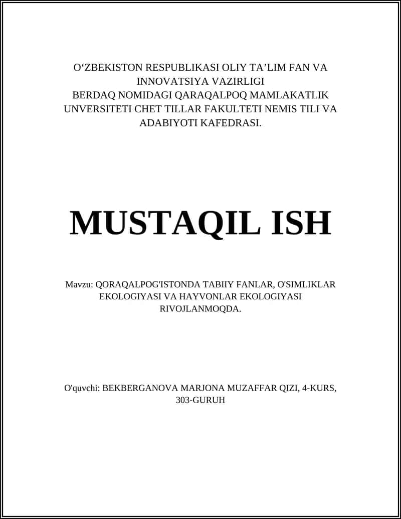 QORAQALPOG'ISTONDA TABIIY FANLAR, O'SIMLIKLAR EKOLOGIYASI VA HAYVONLAR EKOLOGIYASI