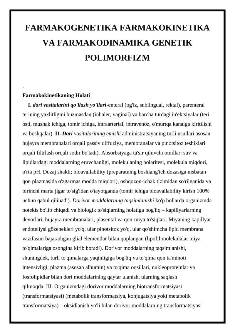 FARMAKOGENETIKA FARMAKOKINETIKA VA FARMAKODINAMIKA GENETIK POLIMORFIZM