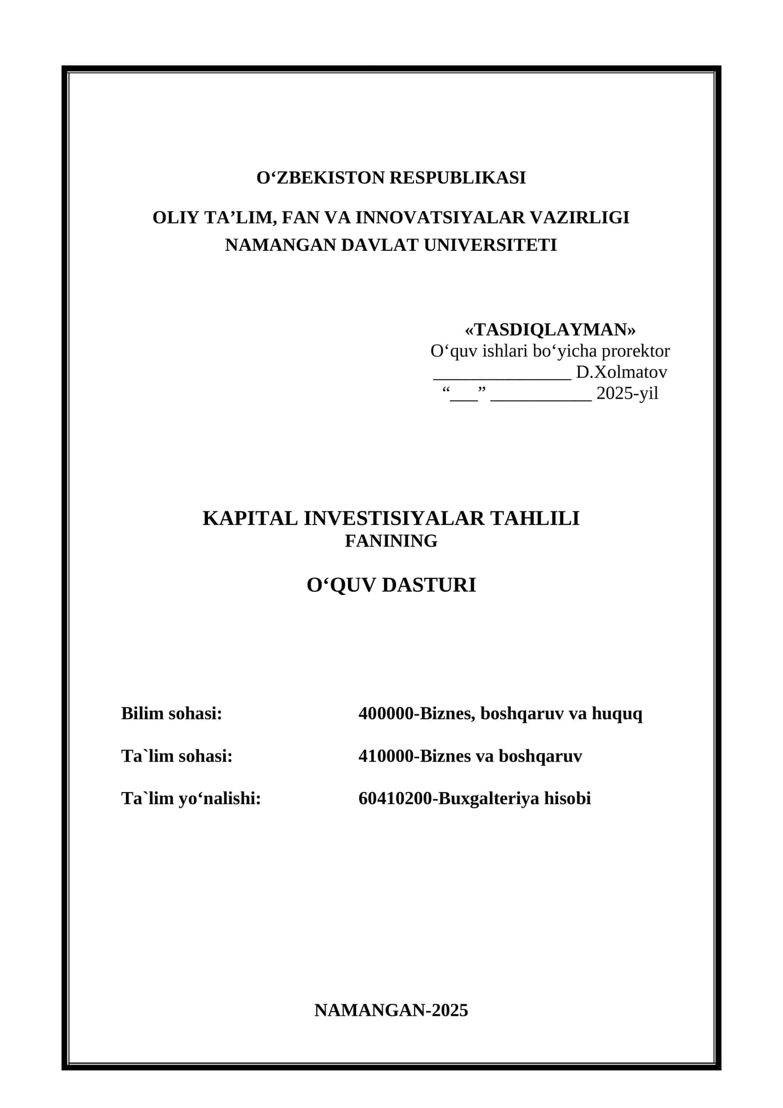 KAPITAL INVESTISIYALAR TAHLILI