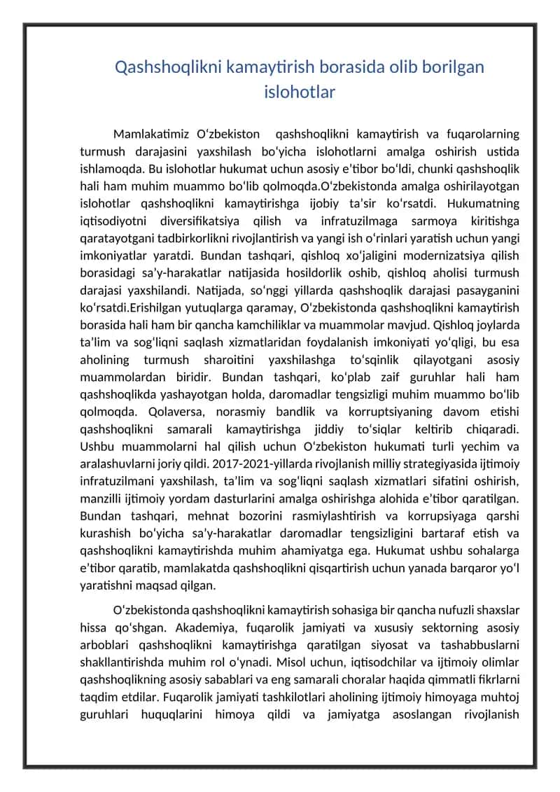 Qashshoqlikni kamaytirish borasida olib borilgan islohotlar