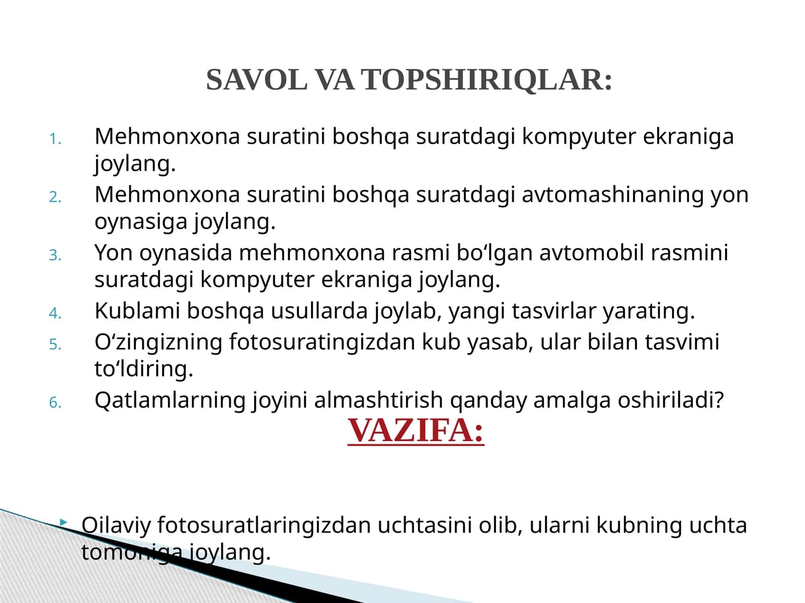 SAVOL VA TOPSHIRIQLAR: