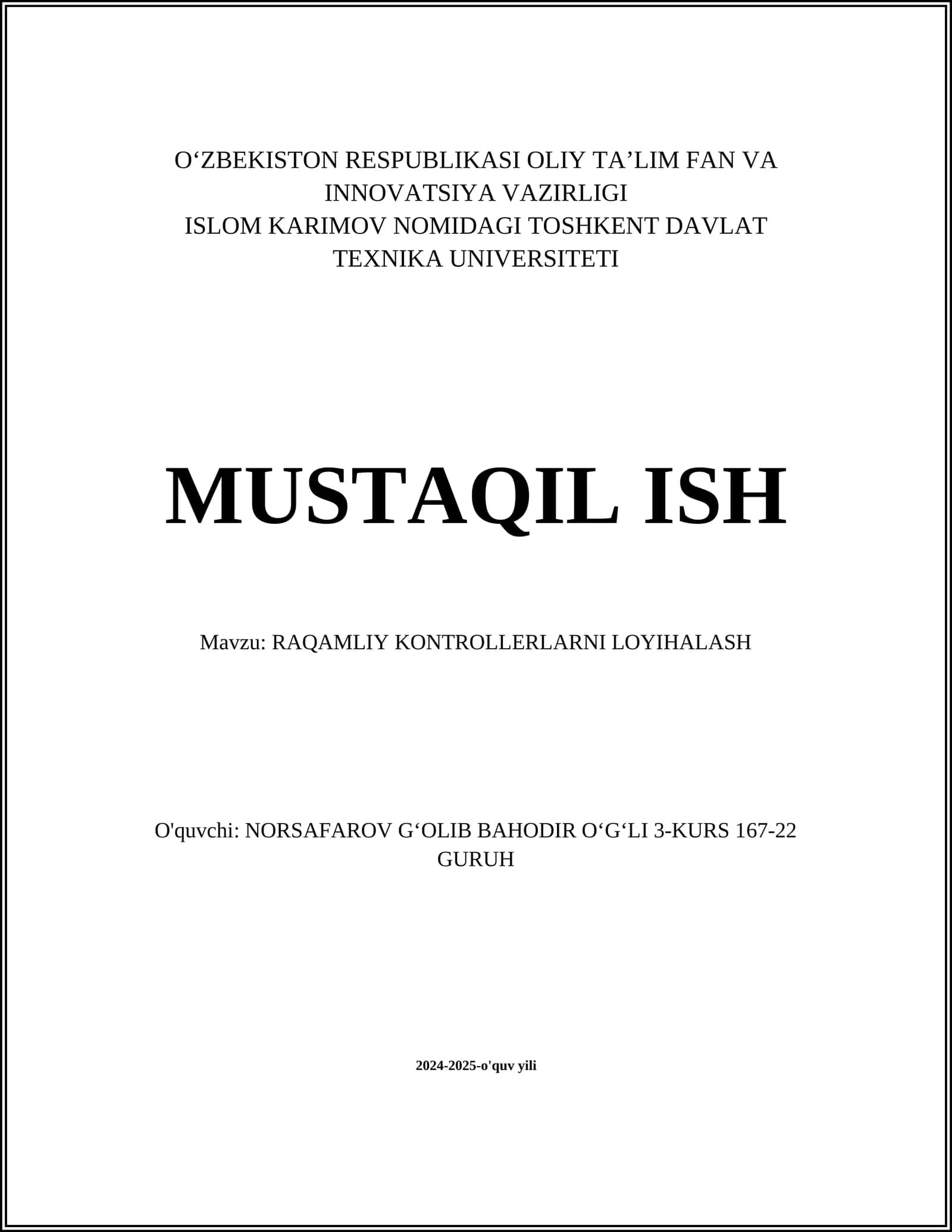 RAQAMLIY KONTROLLERLARNI LOYIHALASH