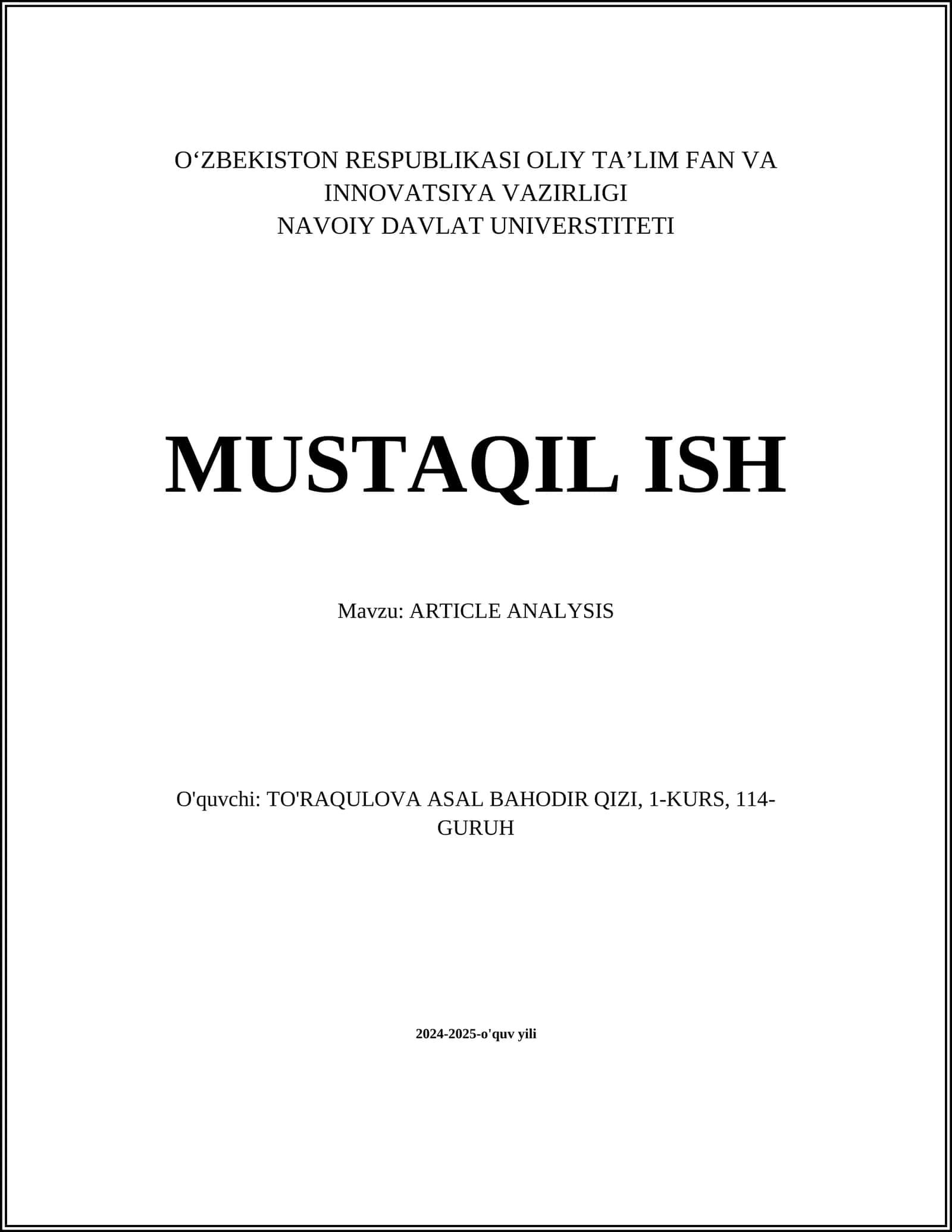 MUSTAQIL ISH Mavzu: ARTICLE ANALYSIS