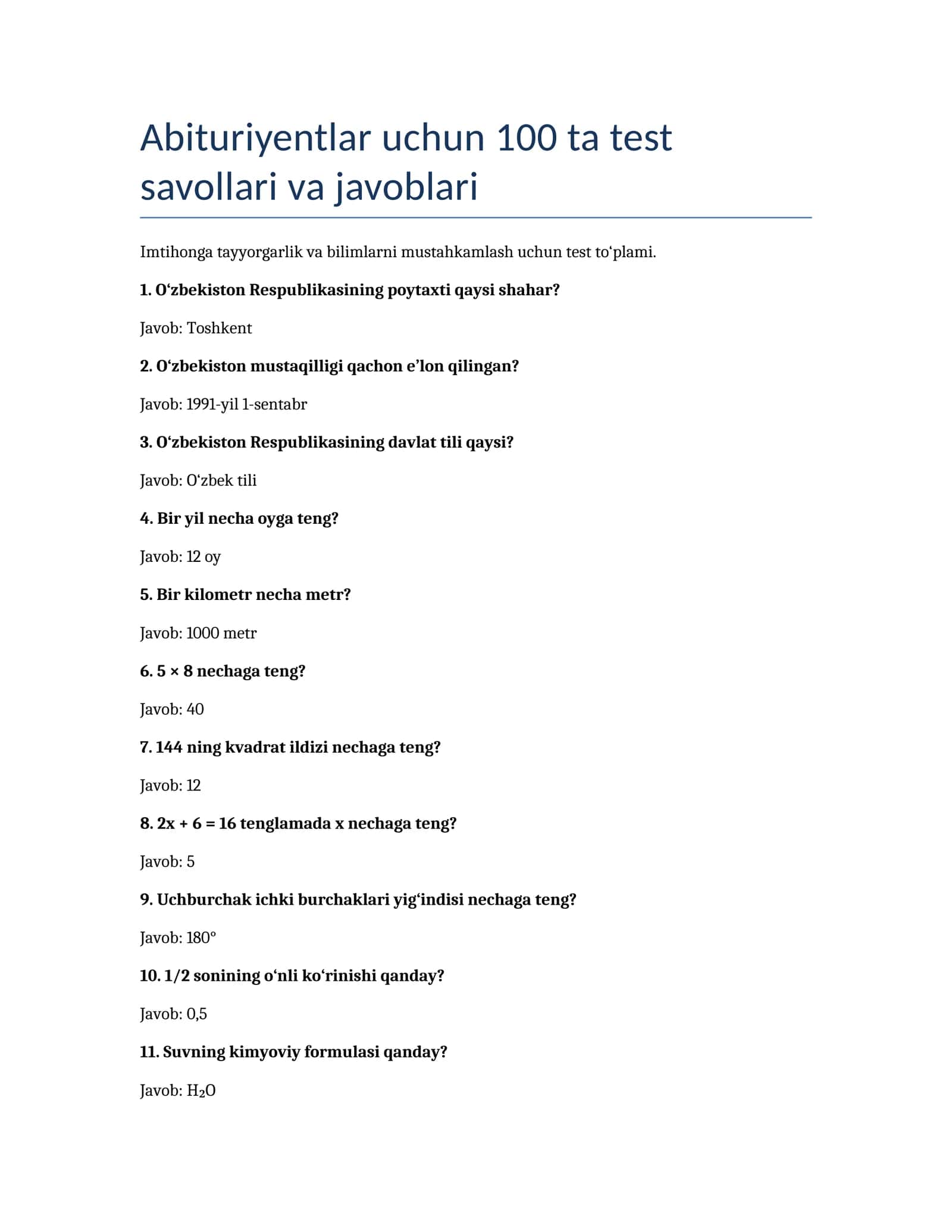 Abituriyentlar uchun 100 ta test savollari va javoblari
