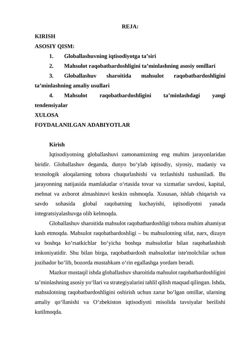 Globallashuvning iqtisodiyotga ta’siri
