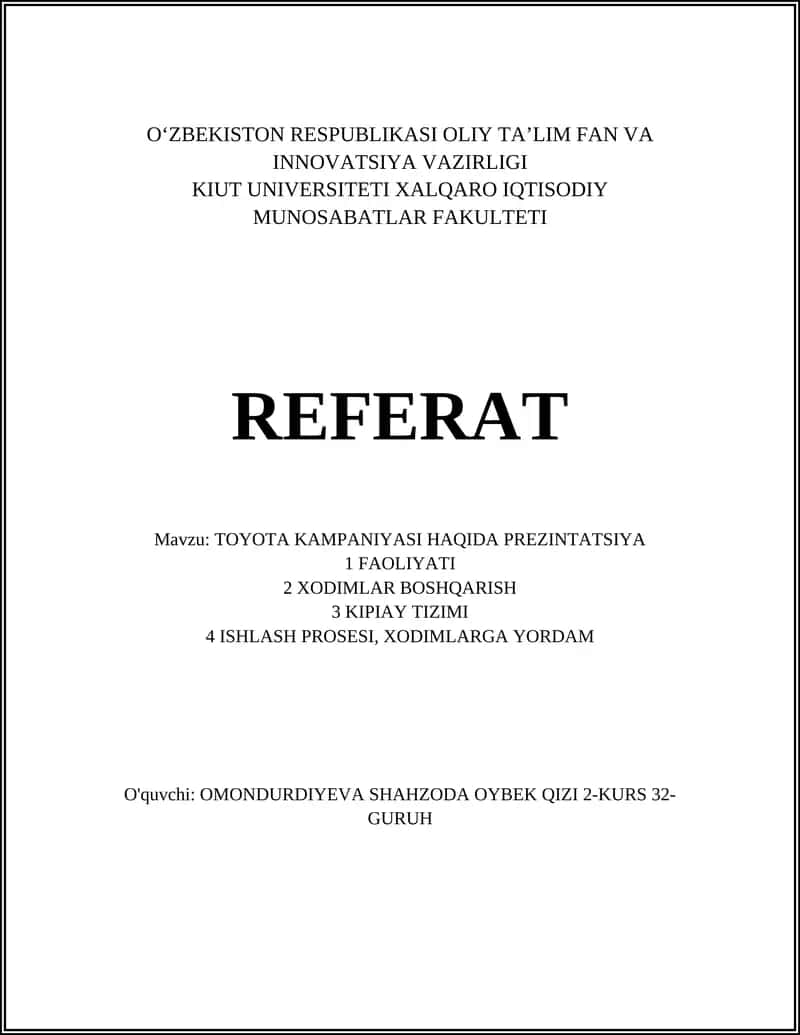 REFERAT Mavzu: TOYOTA KAMPANIYASI HAQIDA PREZINTATSIYA