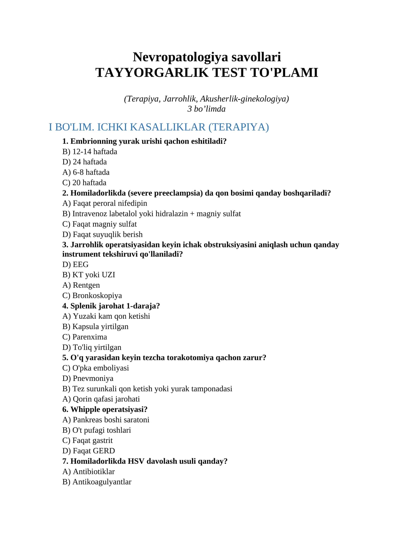 Nevropatologiya savollari