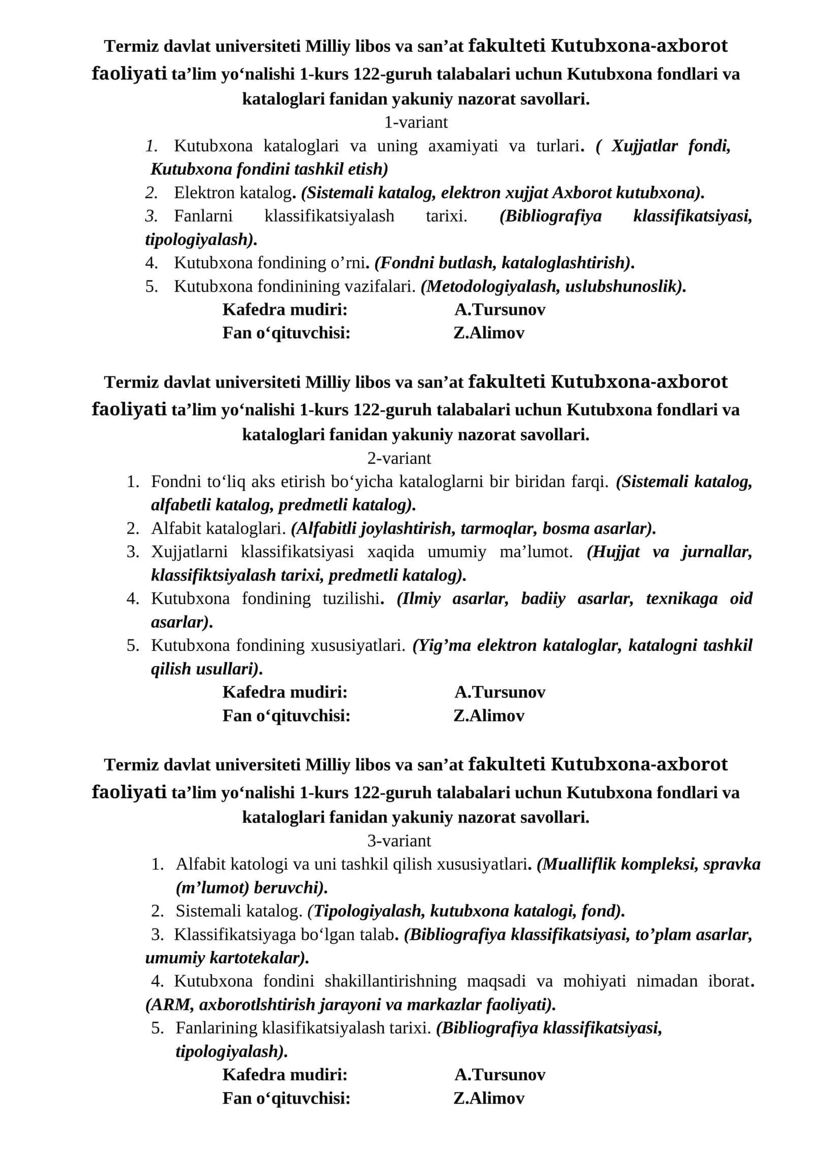 Kutubxona-axborot faoliyati taʼlim yoʻnalishi 1-kurs