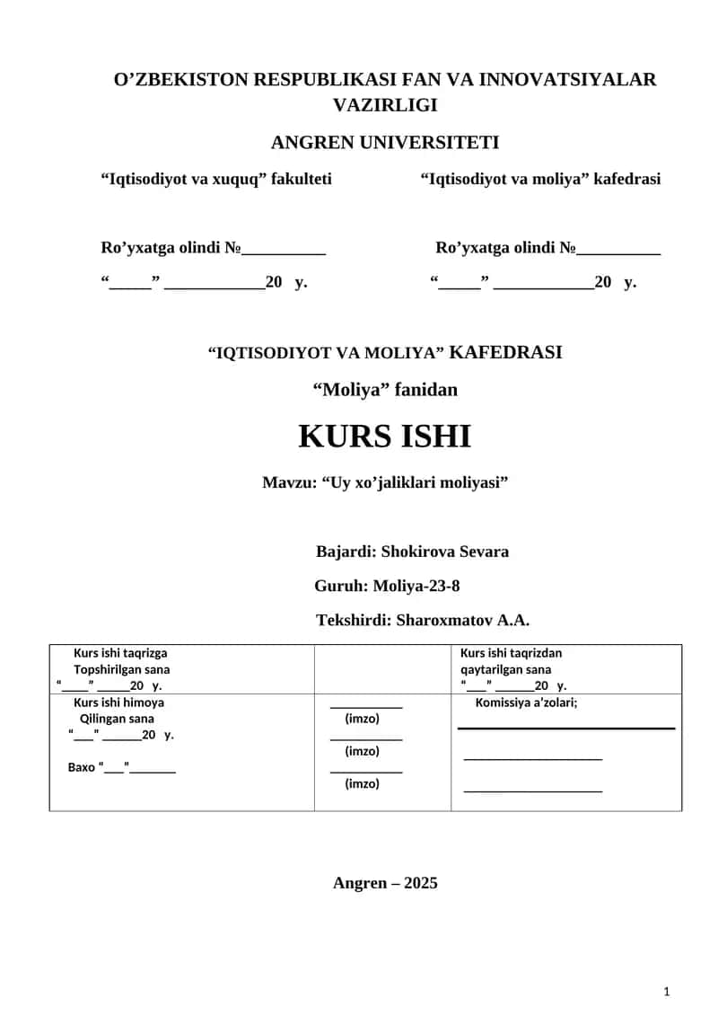 Uy xo’jaliklari moliyasi