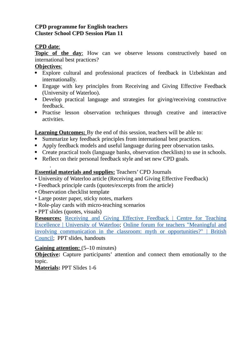 Cluster School CPD Session Plan 11