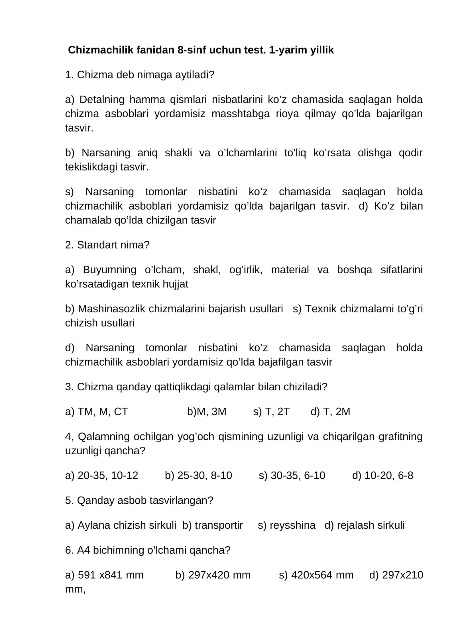 8-sinf chizmachilik fanidan test