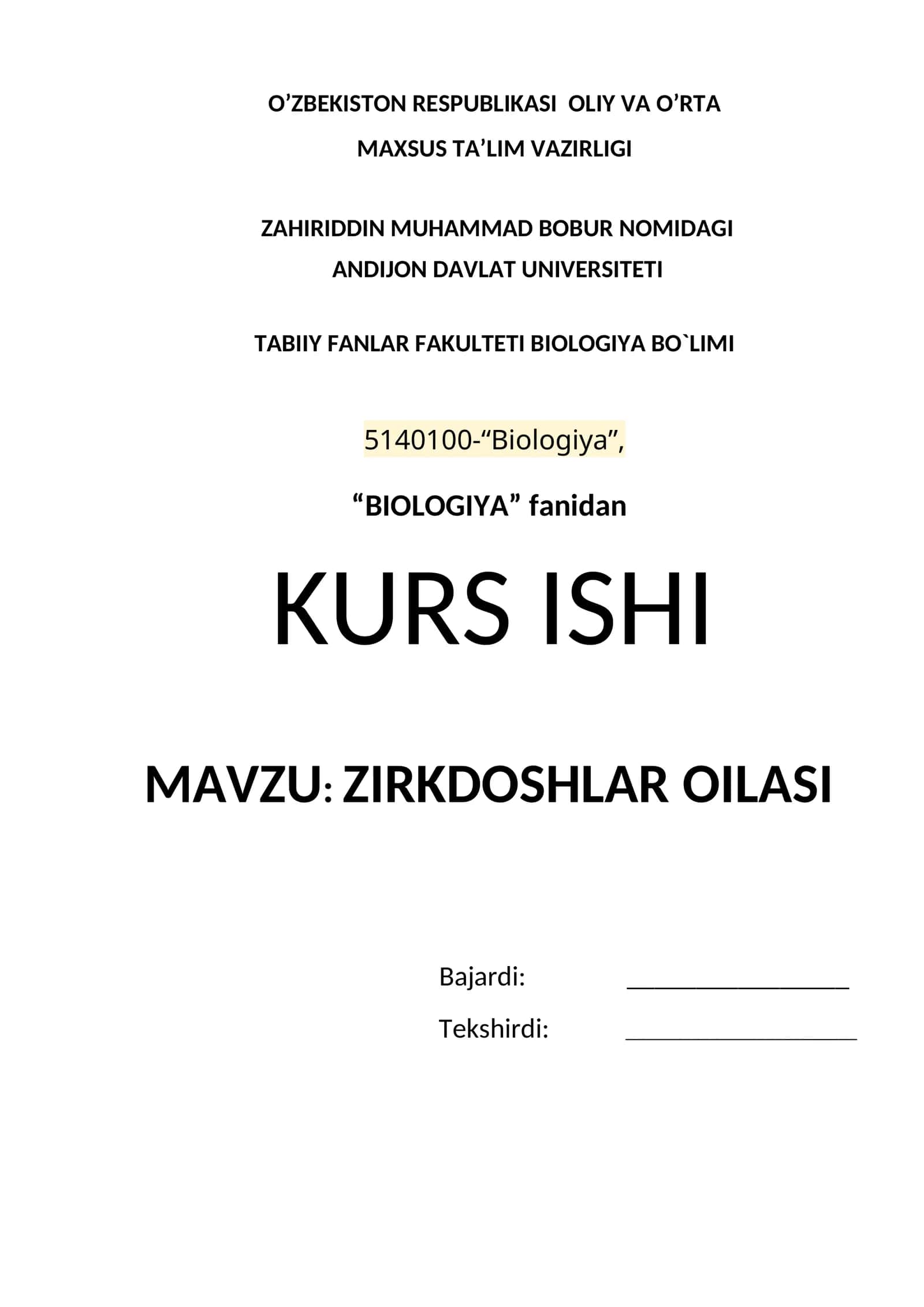 ZIRKDOSHLAR OILASI KURS ISHI