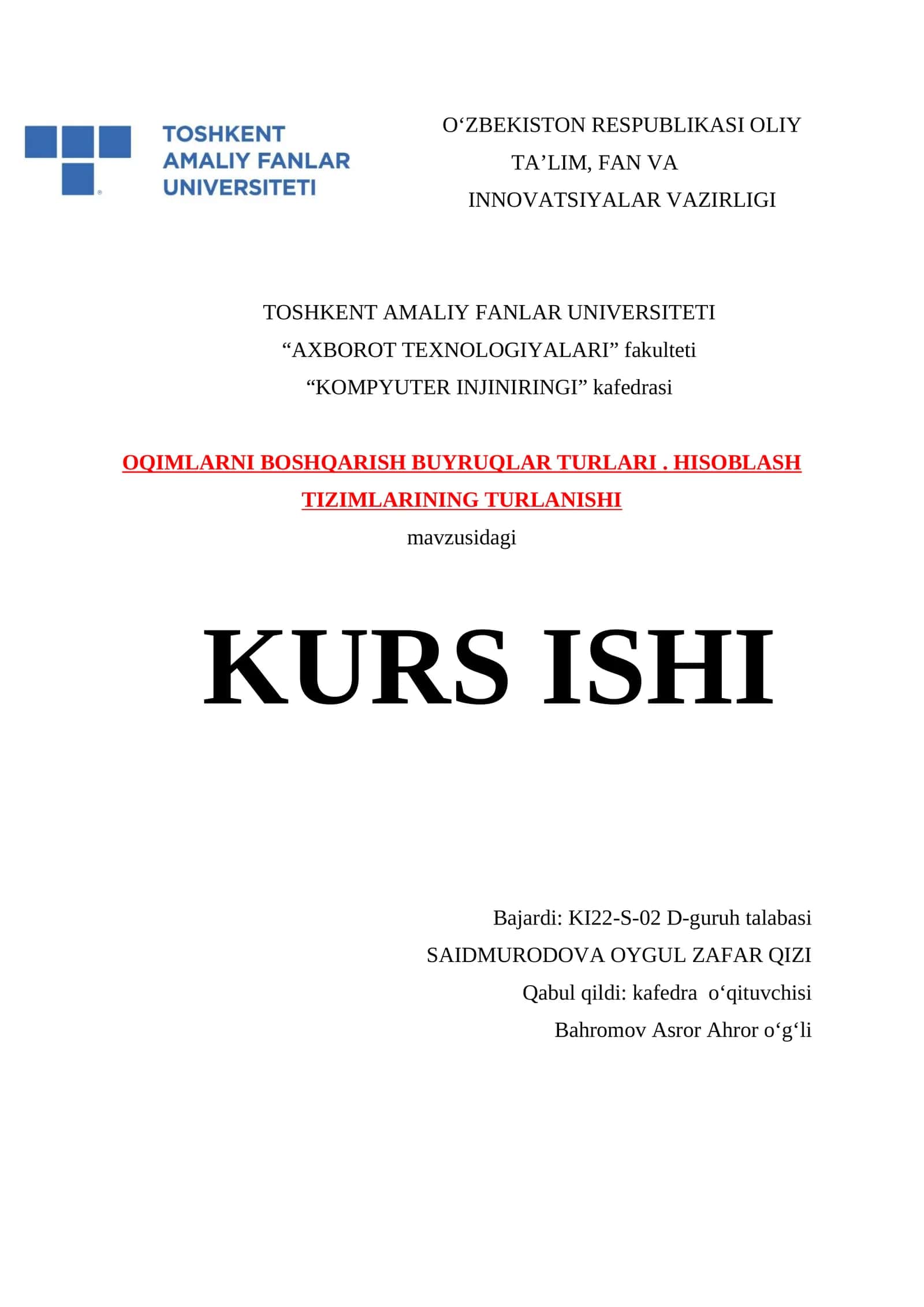 Oqimlarni Boshqarish Buyruqlari Turlari va Hisoblash Tizimlarining Turanishi