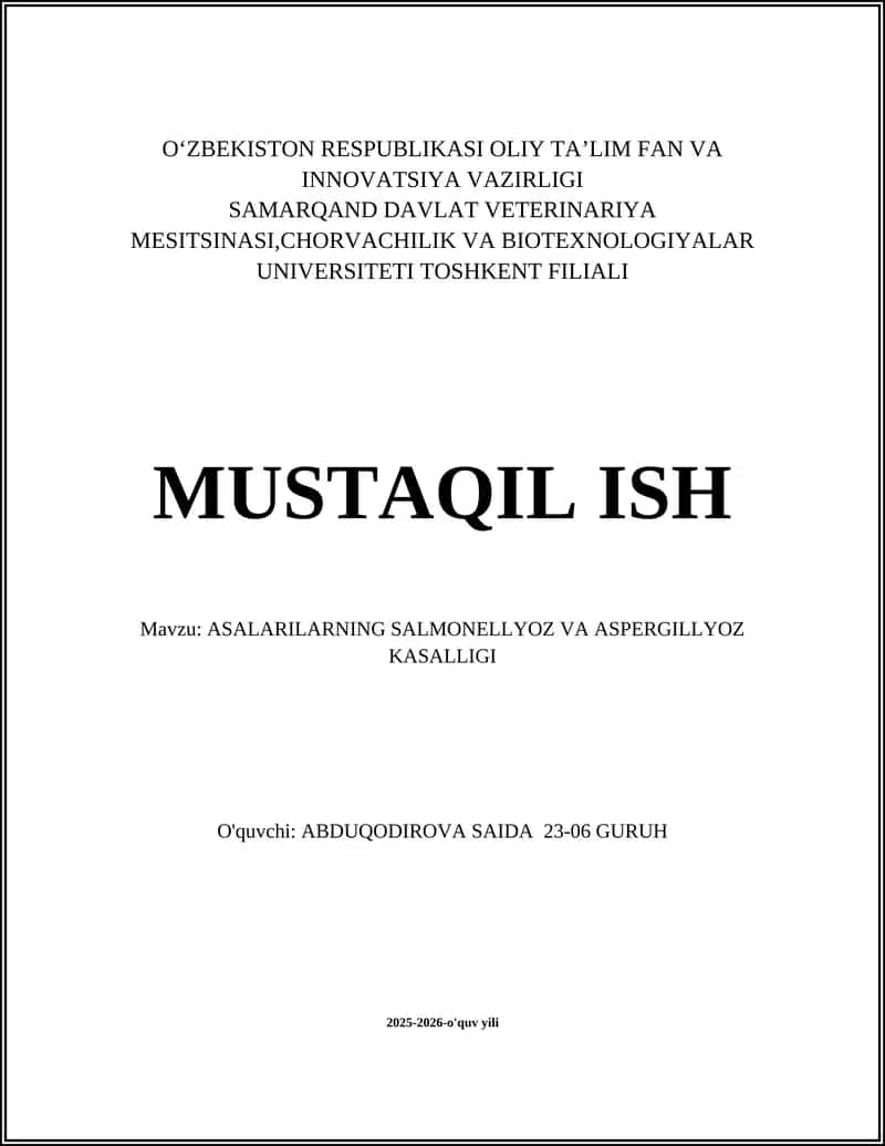 ASALARILARNING SALMONELLYOZ VA ASPERGILLYOZ KASALLIGI