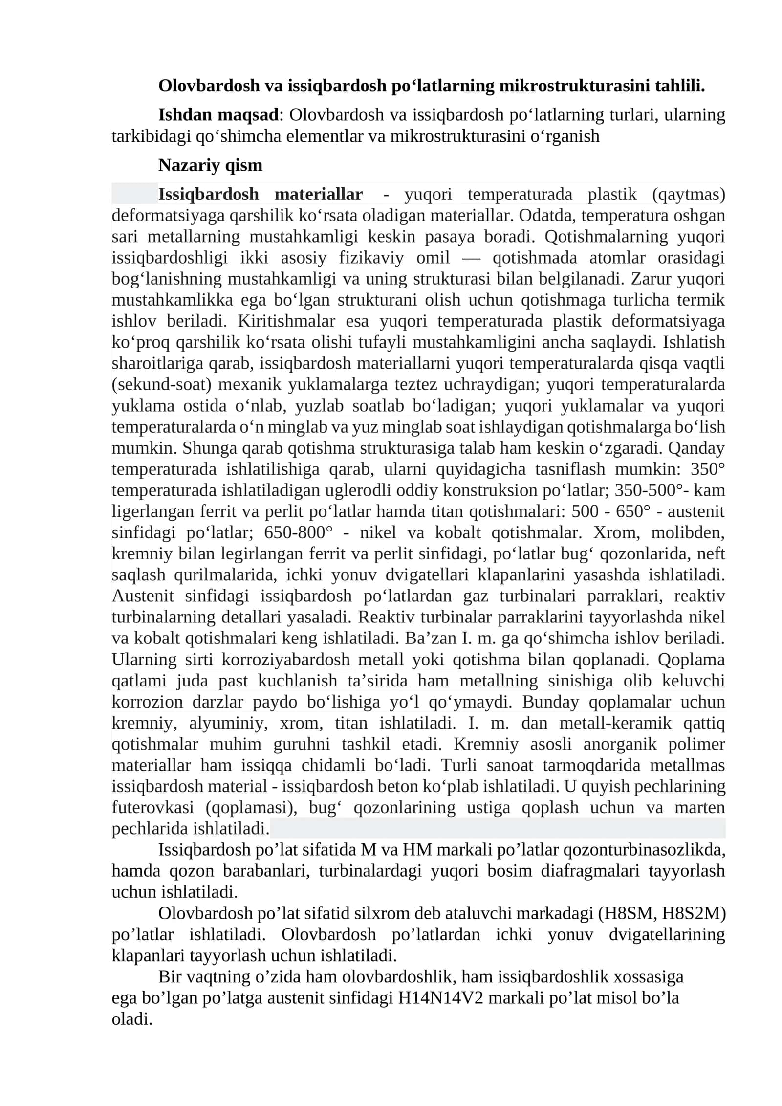 Olovbardosh va issiqbardosh po‘latlarning mikrostrukturasini tahlili