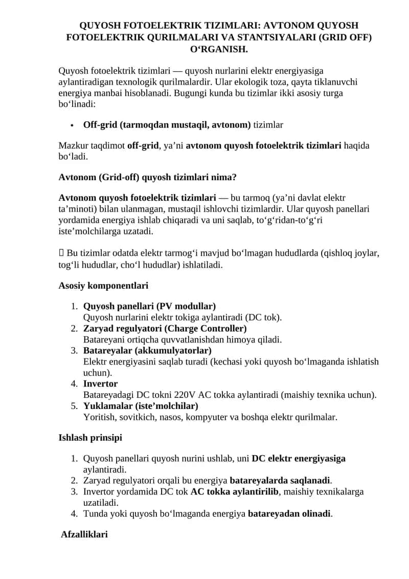 AVTONOM QUYOSH FOTOELEKTRIK QURILMALARI VA STANTSIYALARI (GRID OFF) O‘RGANISH
