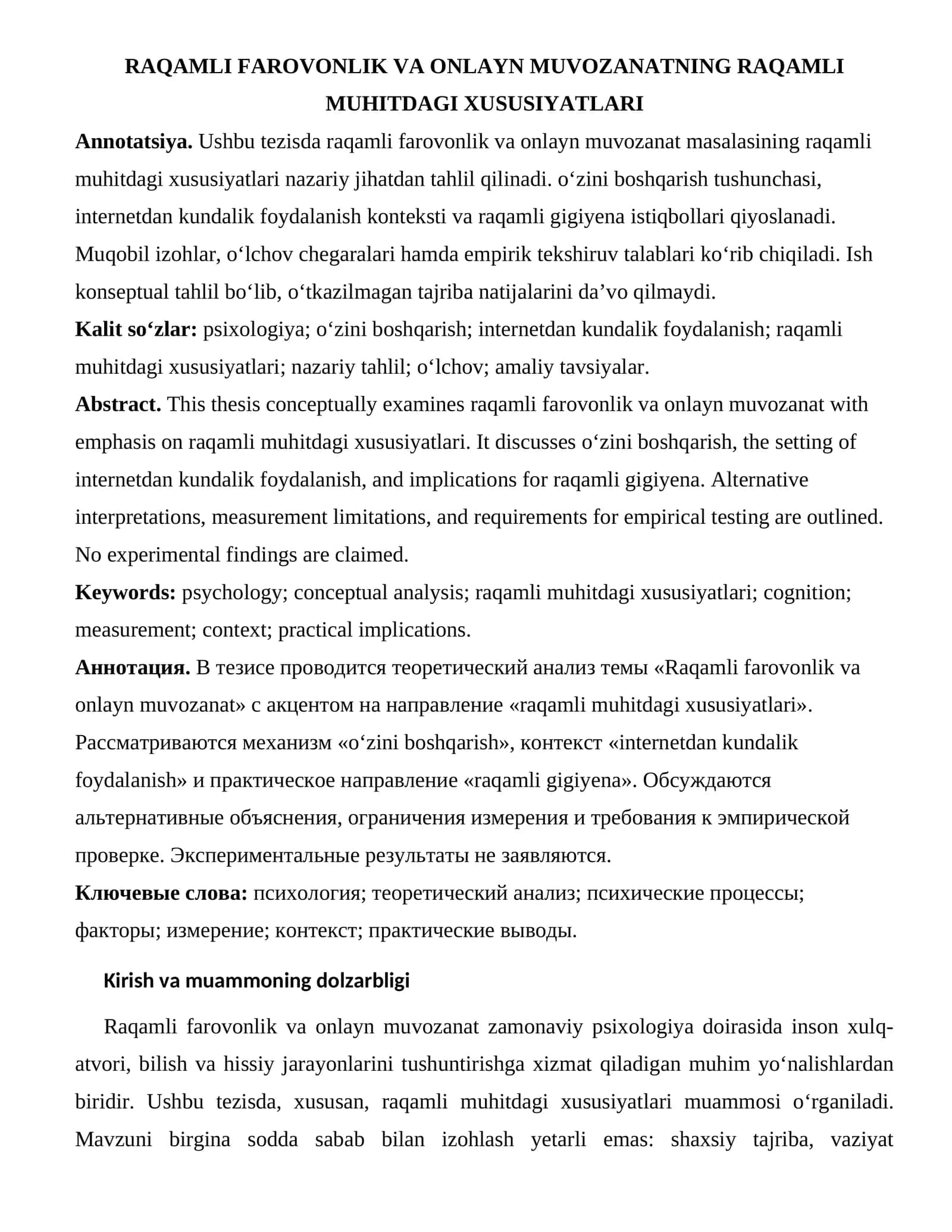 Raqamli farovonlik va onlayn muvozanatning raqamli muhitdagi xususiyatlari