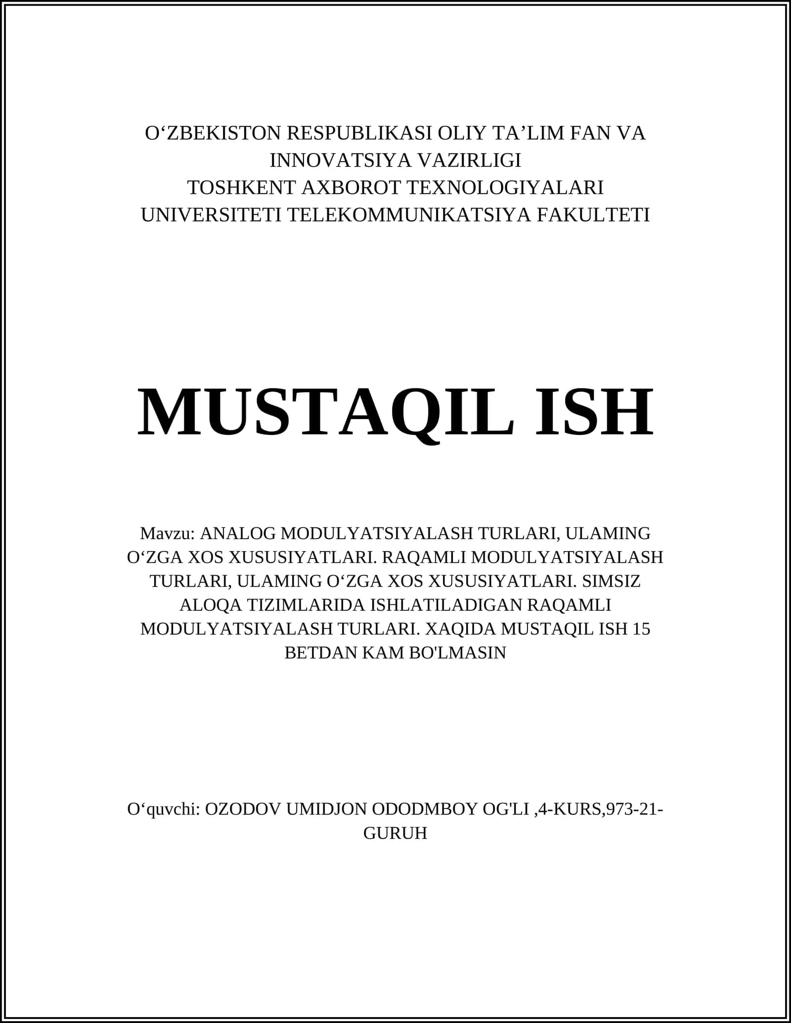 ANALOG MODULYATSIYALASH TURLARI, ULAMING O‘ZGA XOS XUSUSIYATLARI