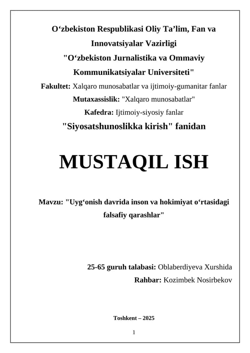 Uyg‘onish davrida inson va hokimiyat o‘rtasidagi falsafiy qarashlar