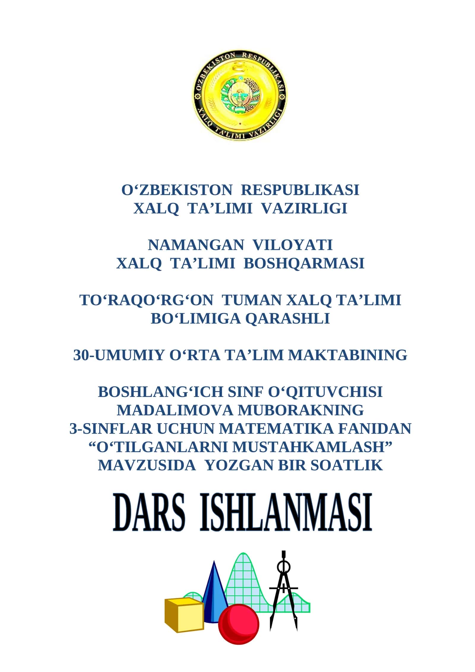 3-sinf Matematika fanidan O'tilganlarni mustahkamlash dars ishlanmasi