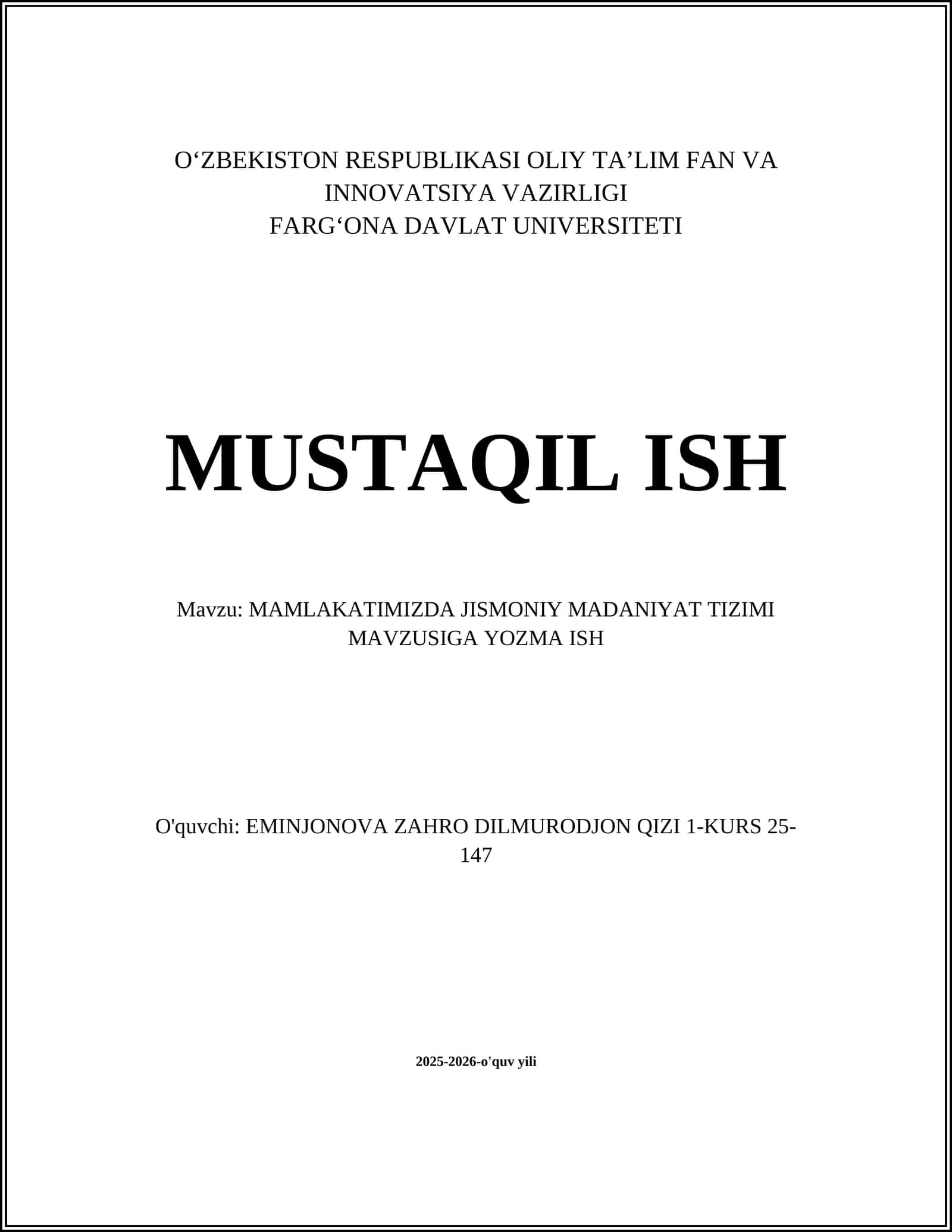Mamlakatimizda Jismoniy Madaniyat Tizimi Mavzusiga Yozma Ish