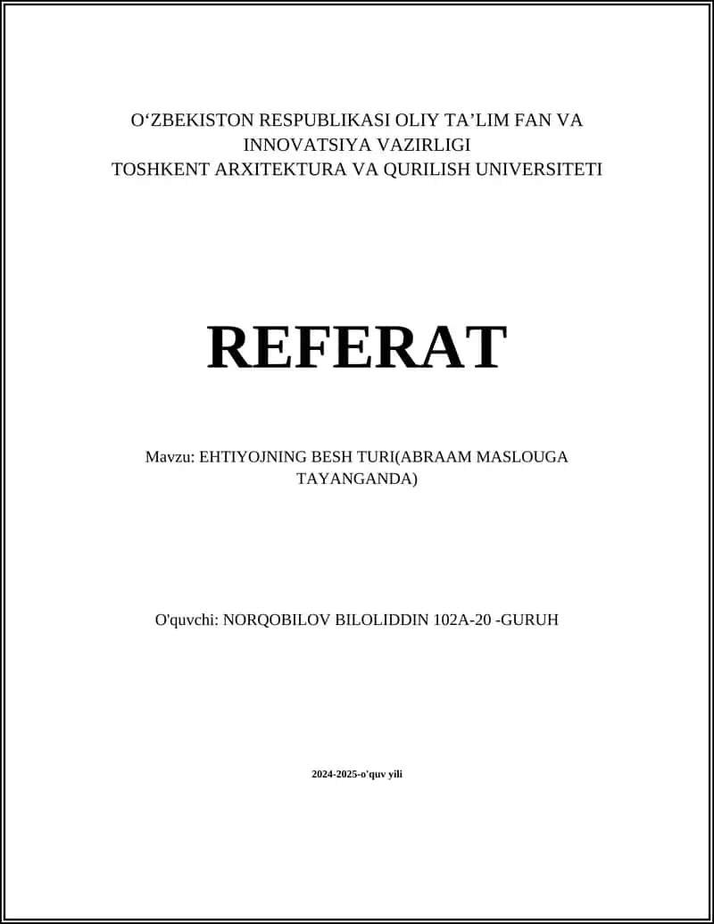 EHTIYOJNING BESH TURI(ABRAAM MASLOUGA TAYANGANDA)