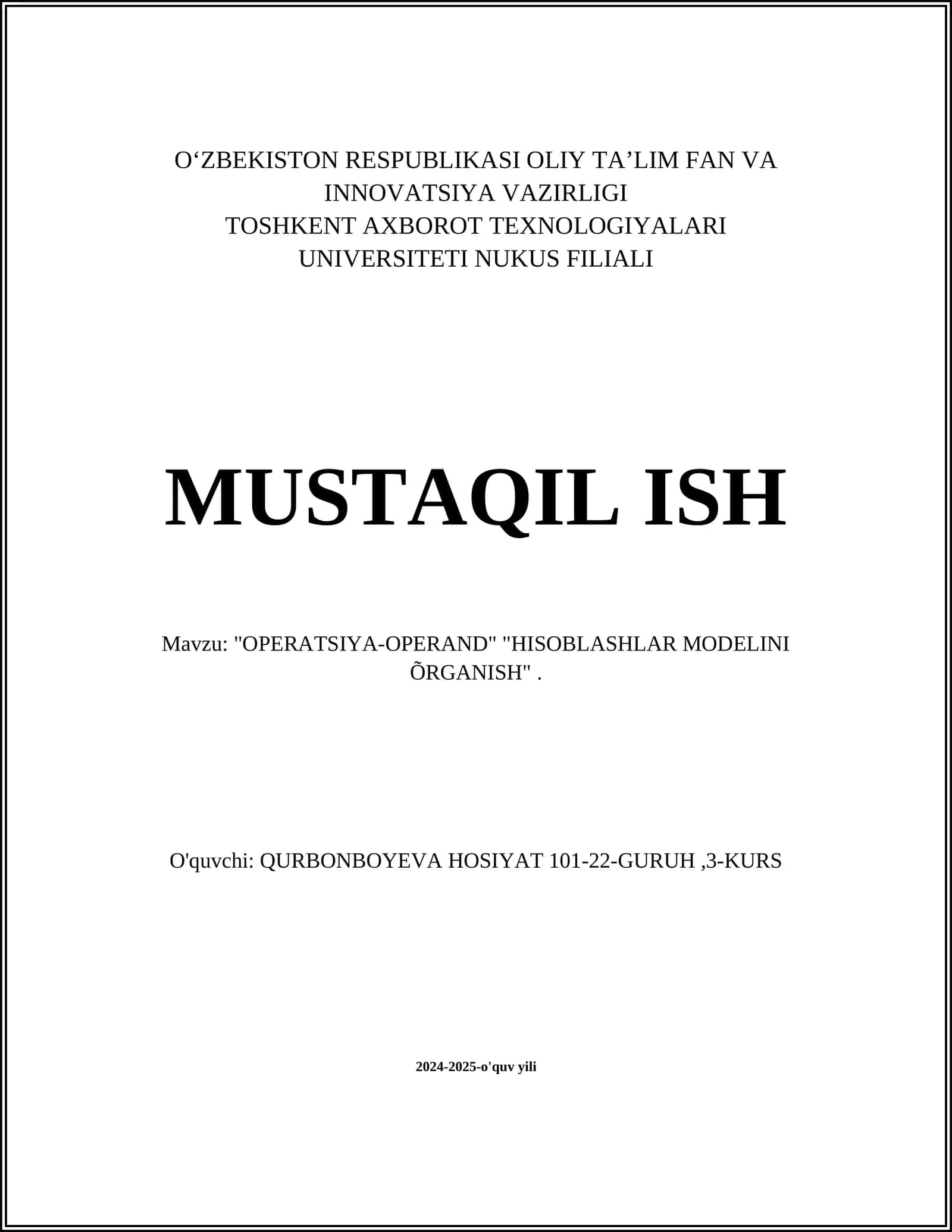 "OPERATSIYA-OPERAND" "HISOBLASHLAR MODELINI ÕRGANISH"