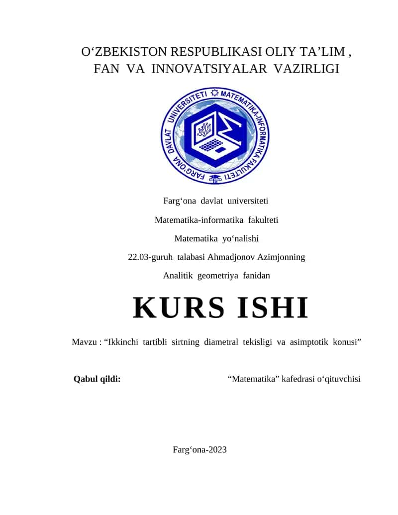 Ikkinchi  tartibli  sirtning  diametral  tekisligi  va  asimptotik  konusi