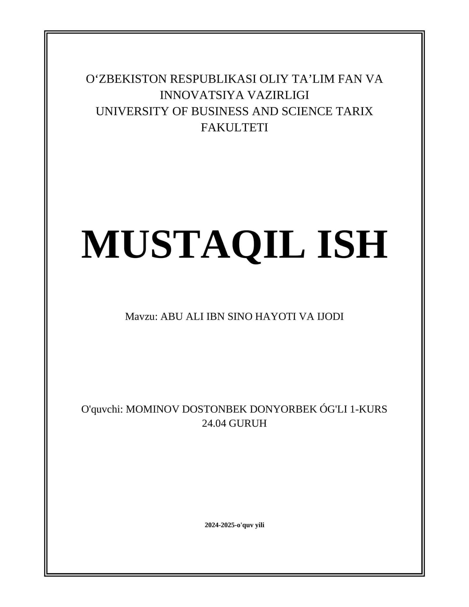 ABU ALI IBN SINO HAYOTI VA IJODI