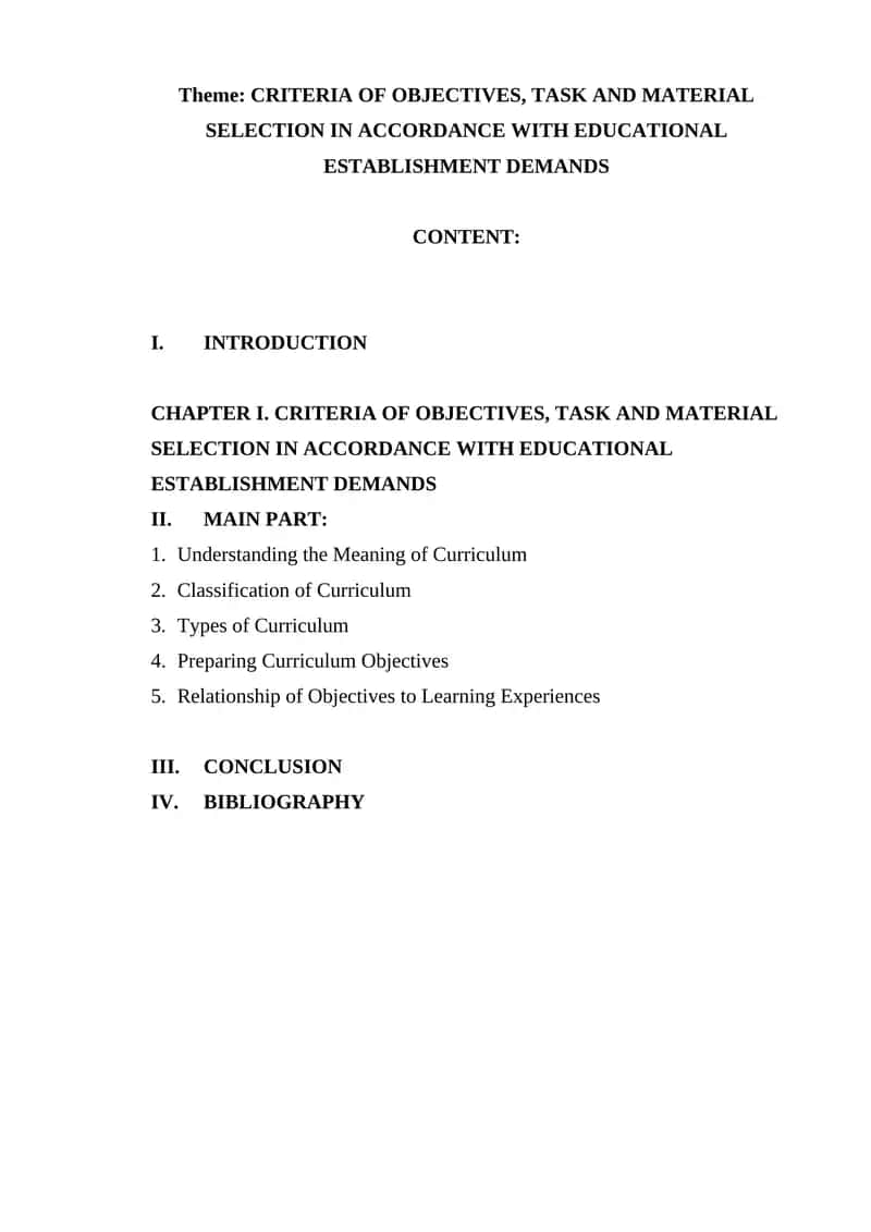 Criteria of Objectives, Task and Material Selection in Accordance with Educational Establishment Demands