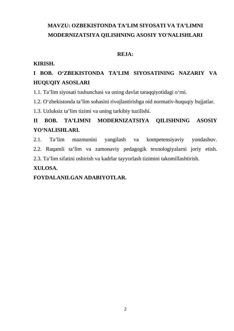 OZBEKISTONDA TA’LIM SIYOSATI VA TA’LIMNI MODERNIZATSIYA QILISHNING ASOSIY YO'NALISHLARI