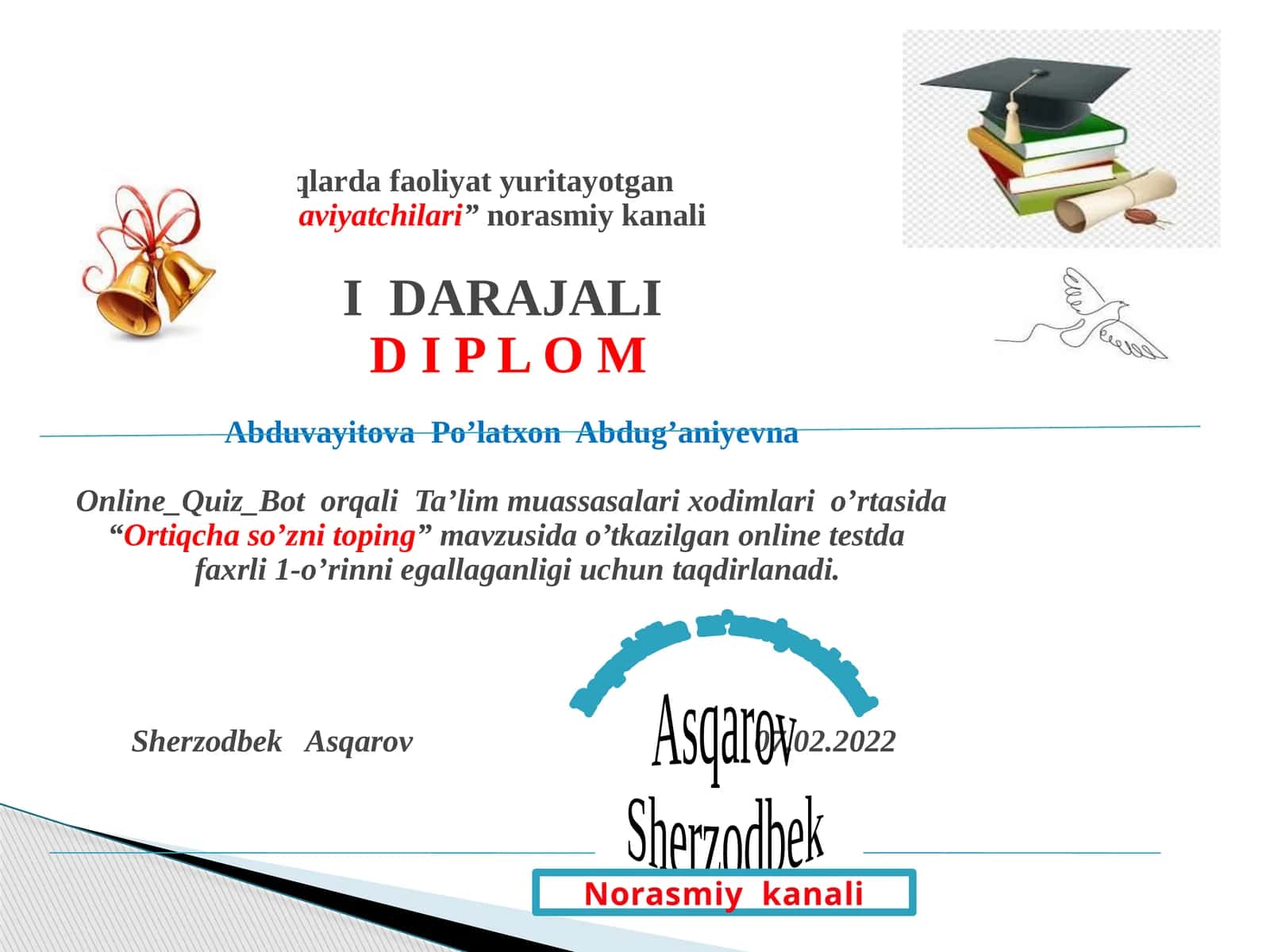 "Ortiqcha so‘zni toping" mavzusida o‘tkazilgan onlinetest