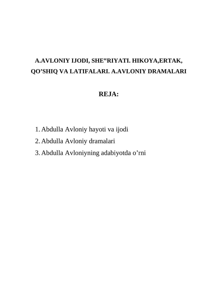Abdulla Avloniyning adabiyotda o’rni