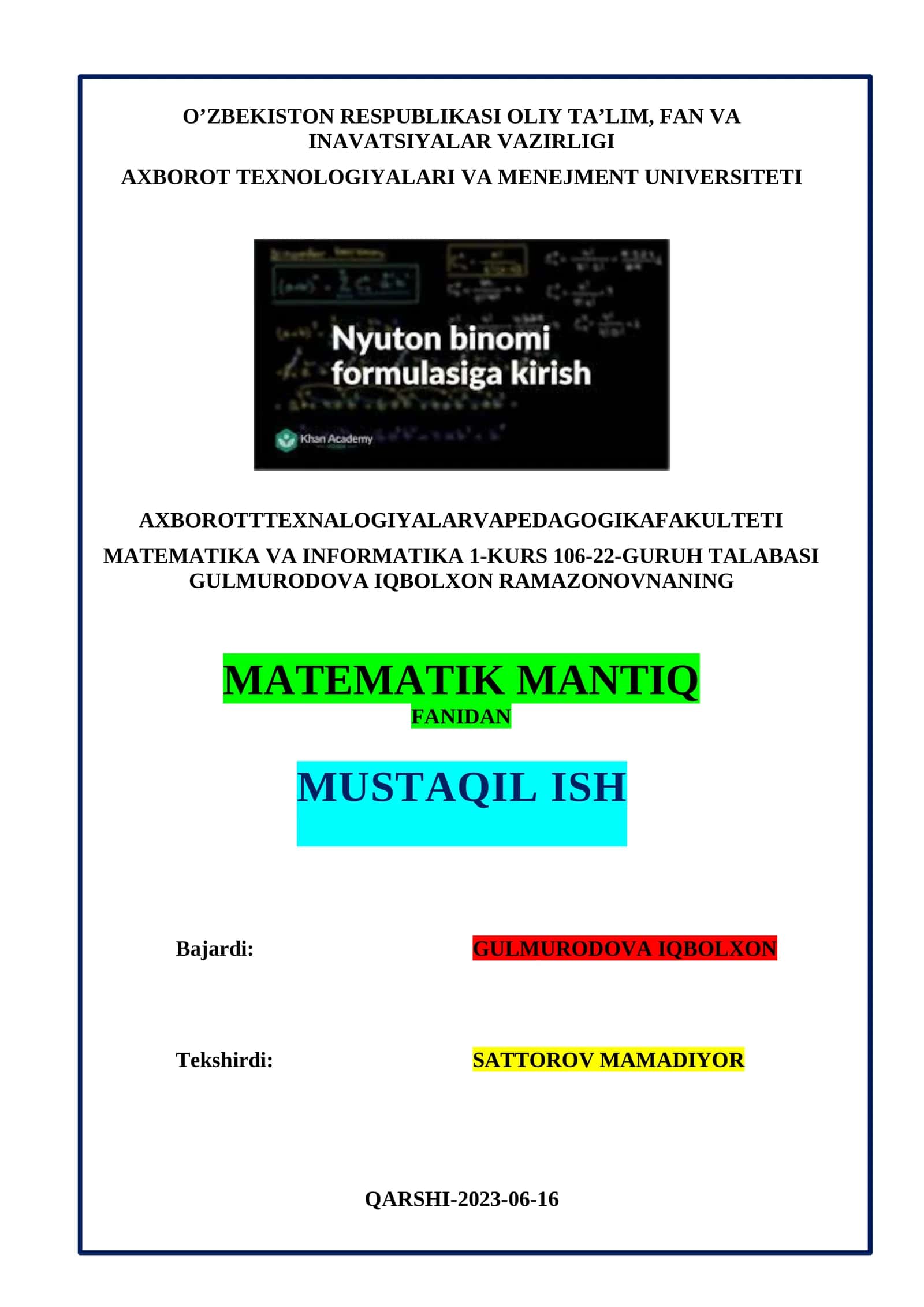 Nyuton binonimi. Binomial koeffietsientlarning xossalari