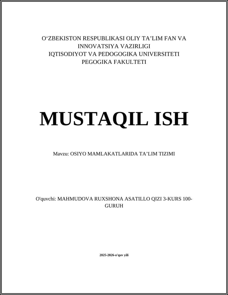 OSIYO MAMLAKATLARIDA TA’LIM TIZIMI