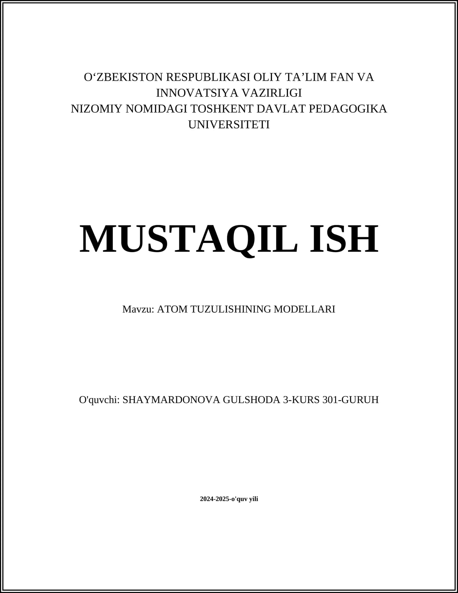ATOM TUZULISHINING MODELLARI
