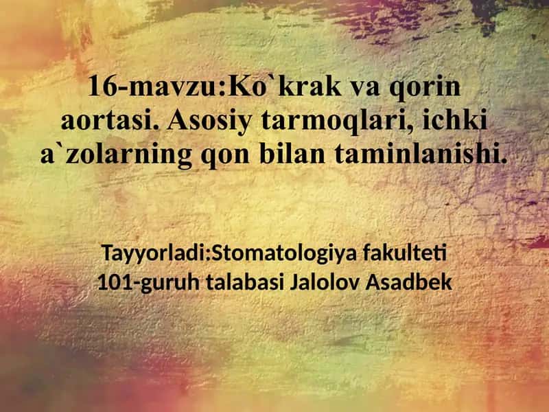 16-mavzu:Ko`krak va qorin aortasi. Asosiy tarmoqlari, ichki a`zolarning qon bilan taminlanishi.