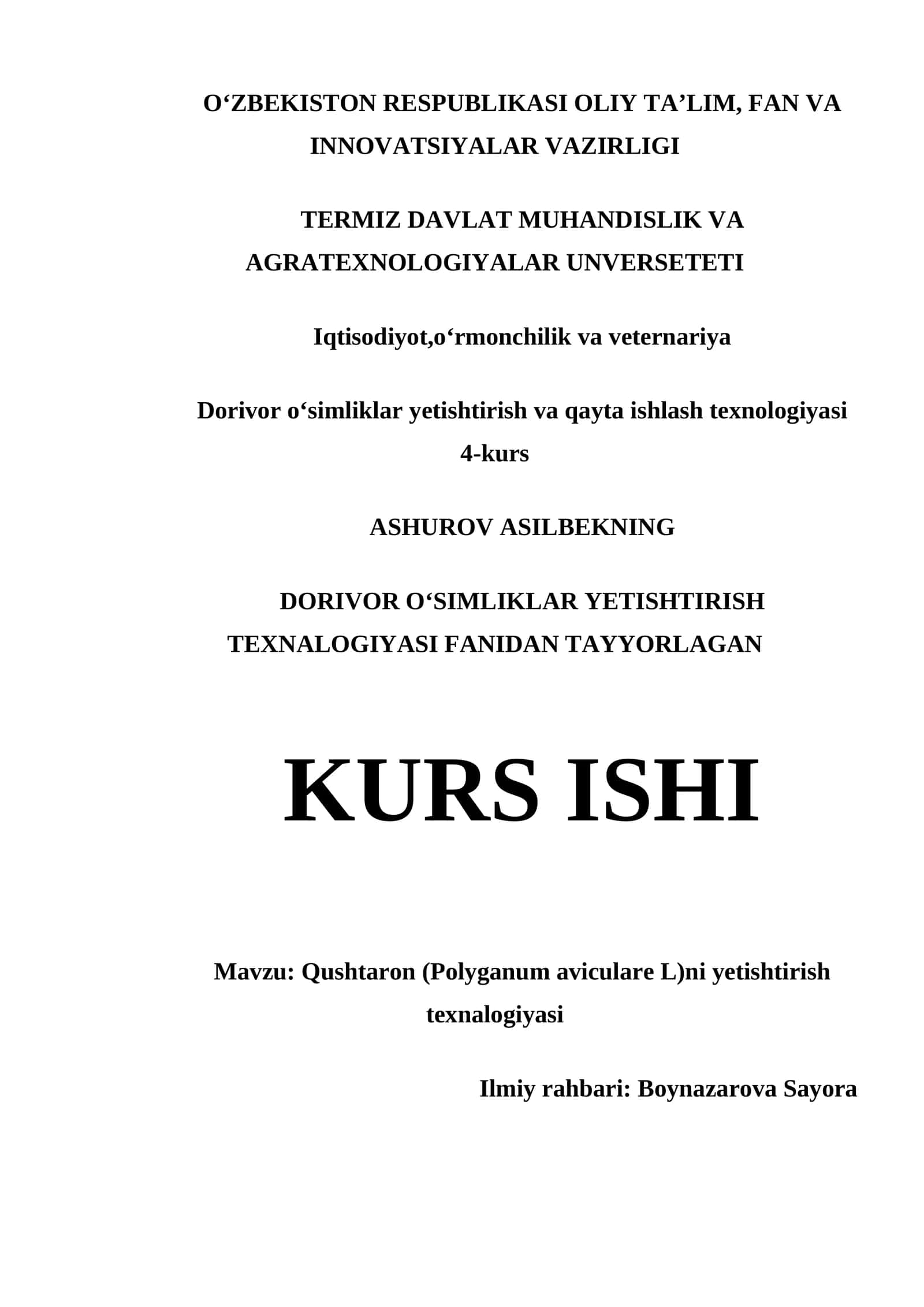 Qushtaron (Polyganum aviculare L)ni yetishtirish texnalogiyasi