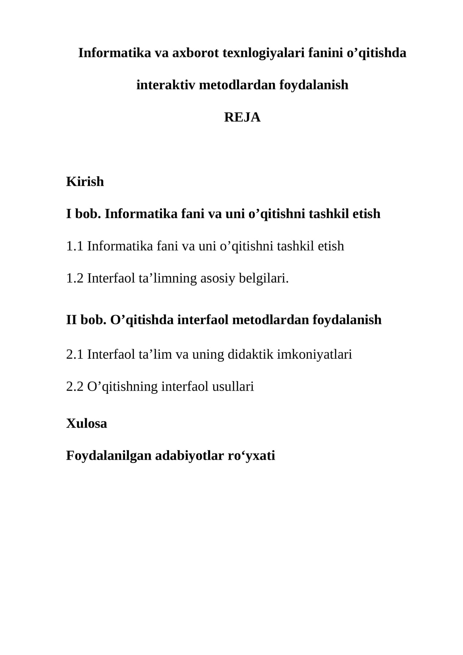 Informatika va axborot texnlogiyalari fanini o’qitishda interaktiv metodlardan foydalanish