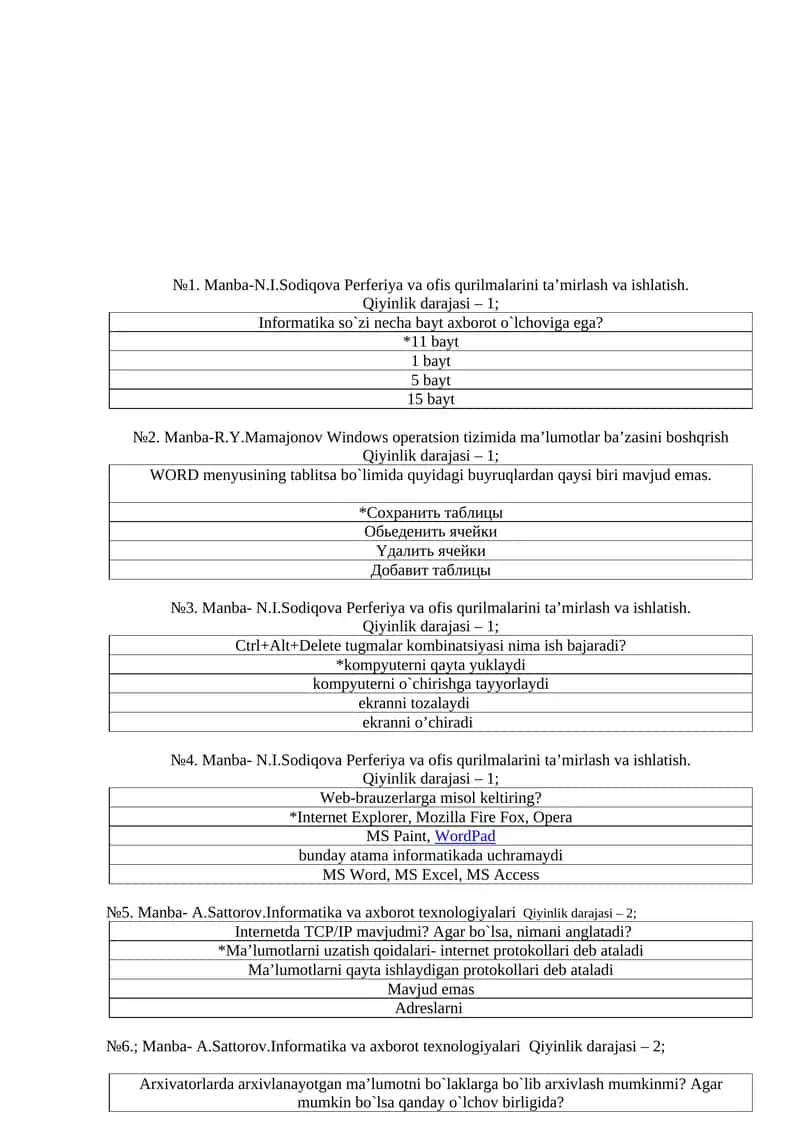2026-yil Informatikadan atestatsiga tayyorgarlik ko'rish uchun 150 talik test javobi bilaan