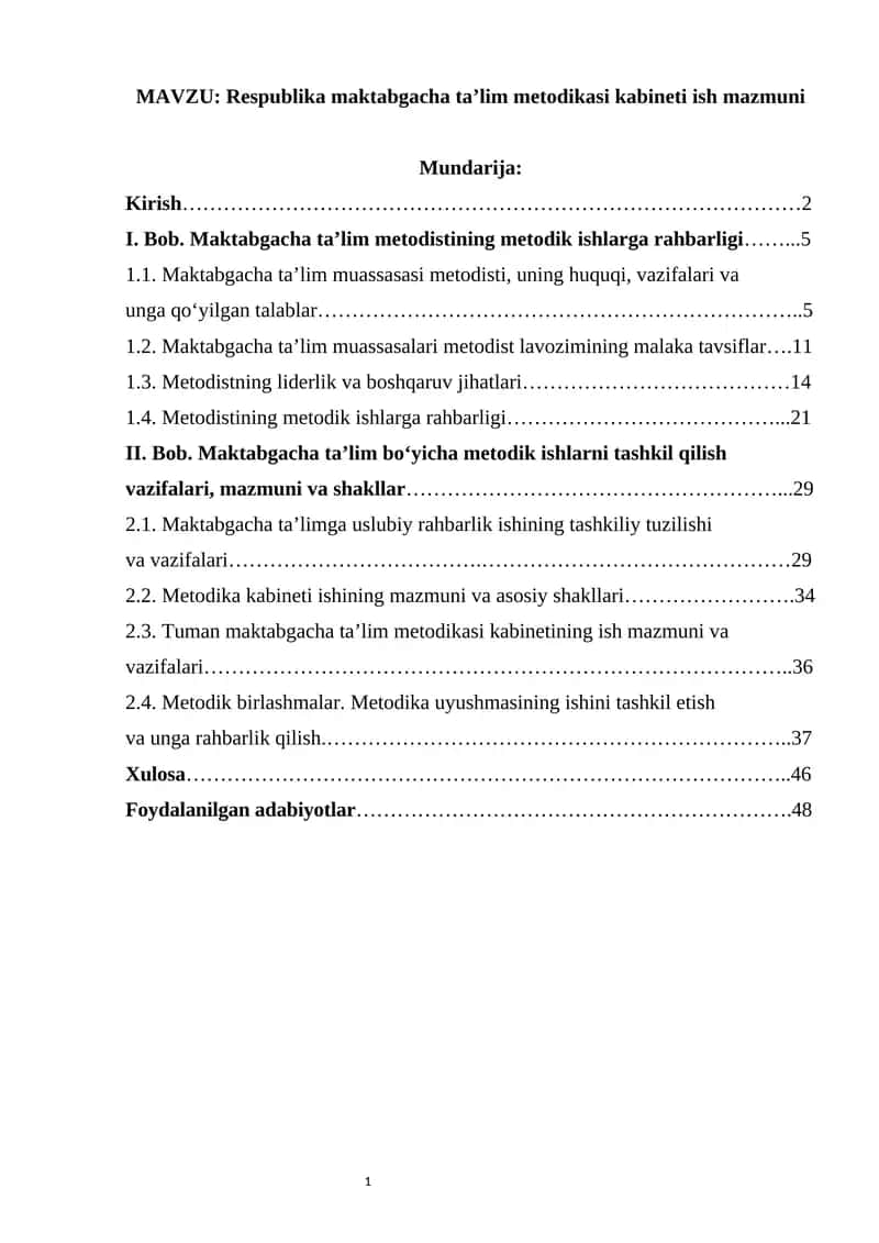Respublika maktabgacha ta’lim metodikasi kabineti ish mazmuni