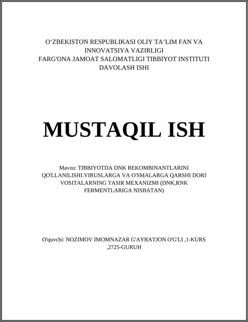 Tibbiyotda DNK Rekombinantlarini Qo'llanilishi
