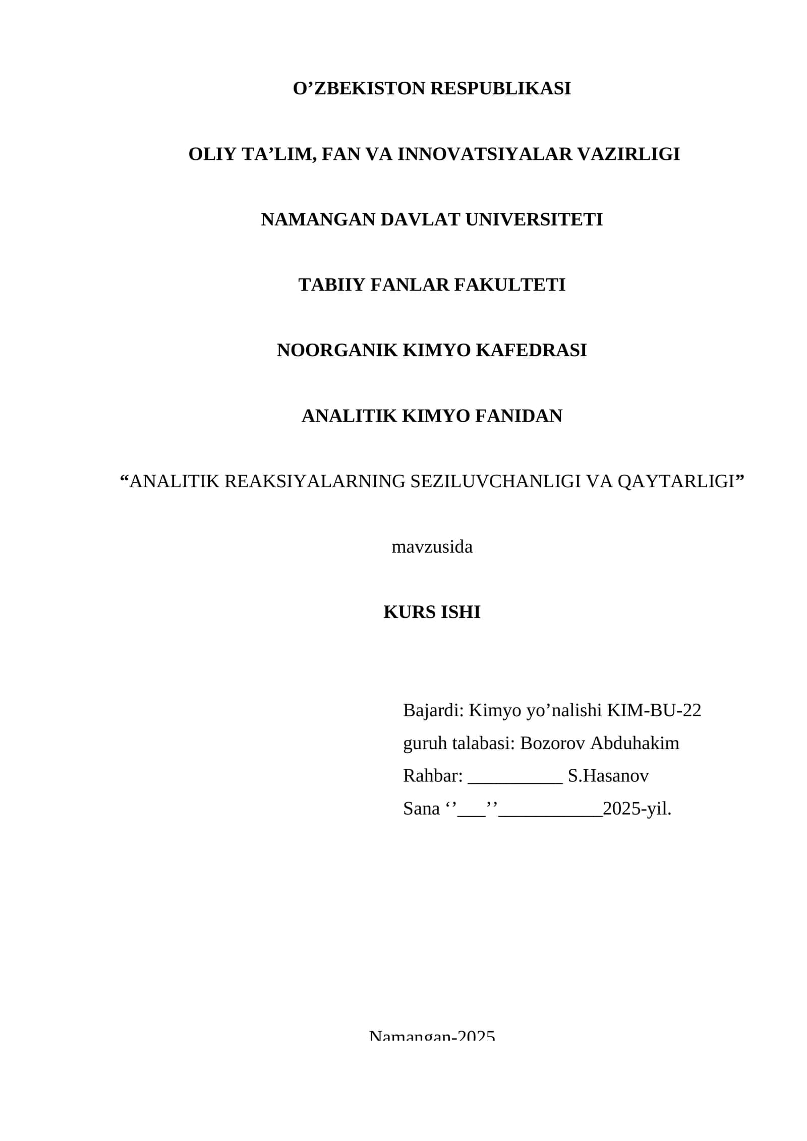 Analitik Reaksiyalarning Seziluvchanligi va Qaytarligi Kurs Ishi