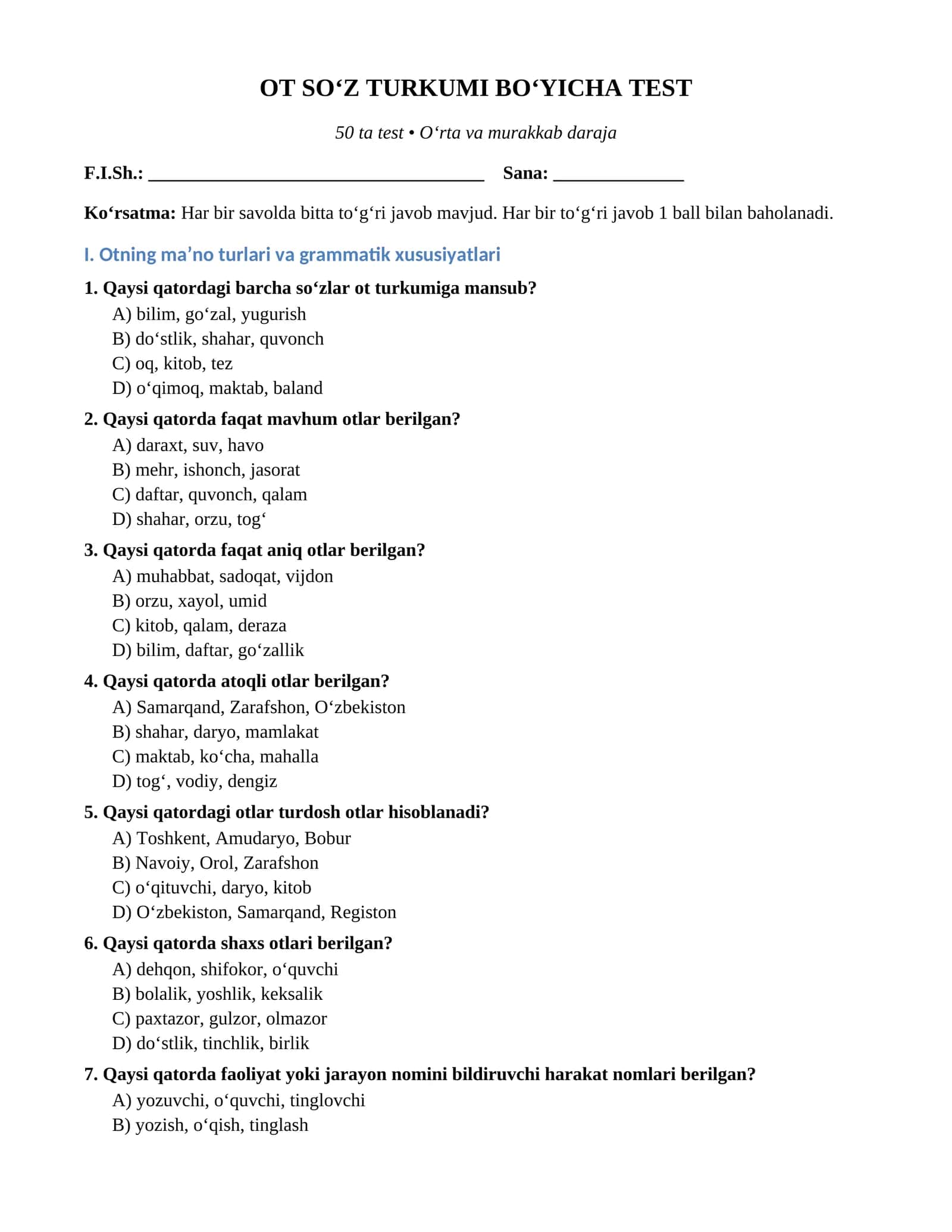 Ot soʻz turkumi testlar umumiy